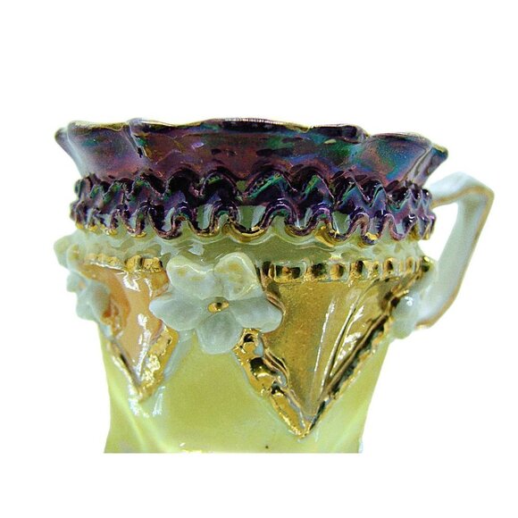 Vintage Germany Demitasse Mini Porcelain Lusterware Teacup Saucer Purple Yellows - Picture 8 of 12